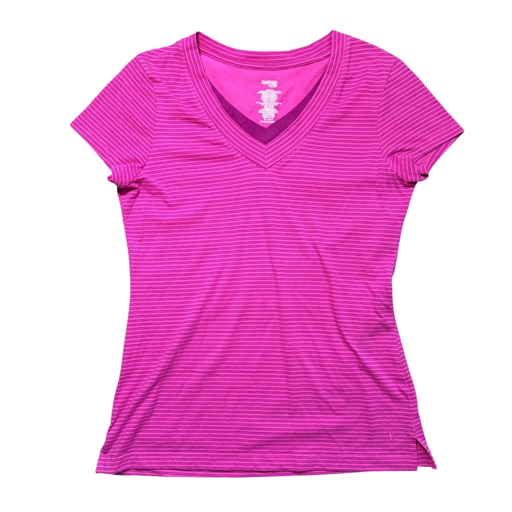 Y2K Layered Workout Danskin Now Magenta Striped V-Neck Athletic T-Shirt Size L